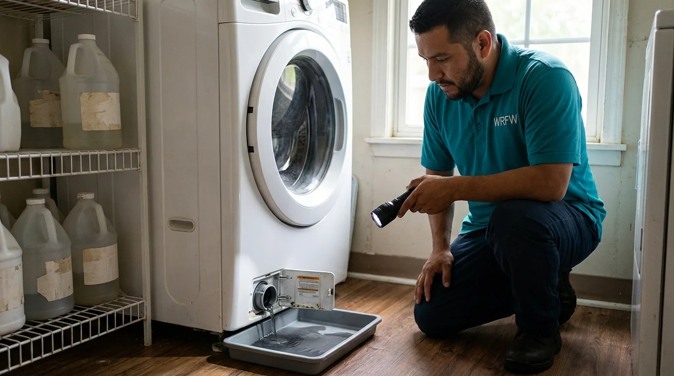 WRFW technician checking the drain filter on a front load washer